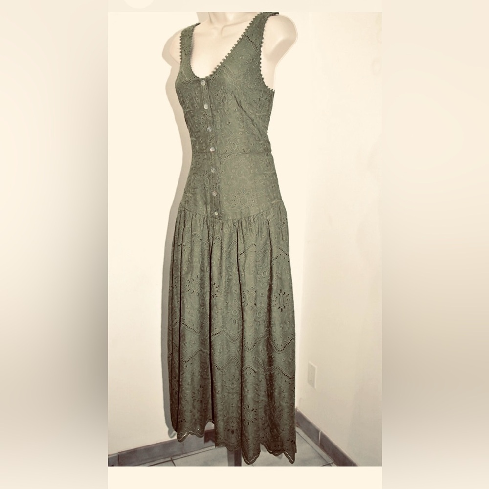Cotton Dress Fully Embroidered Eyelet Olive/Green House of Harlow 1960 Sz 6 NEW